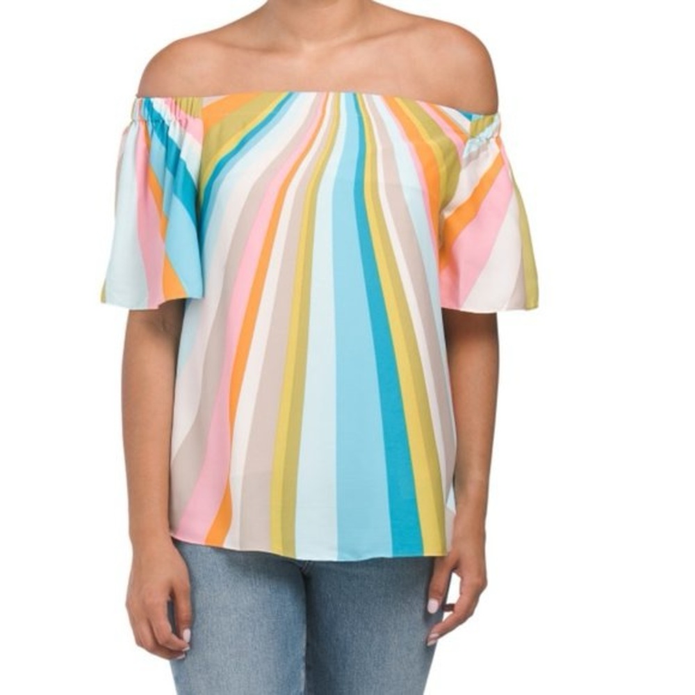 Trina Turk Loveable Off the Shoulder Multicolor Bright Striped Summer Top Small